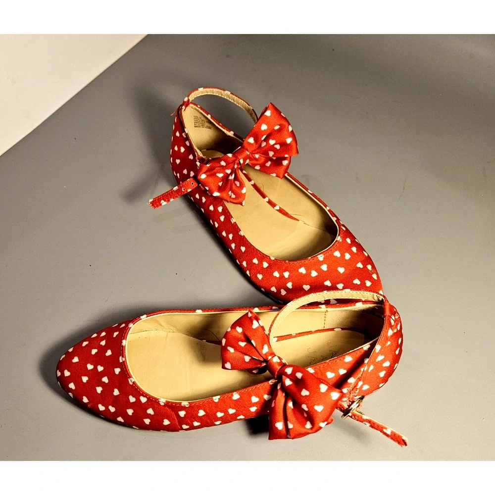 Janie And Jack, Girl Red Dress Shoes with Hearts and Bow, Sz 1 K Fairy Princess